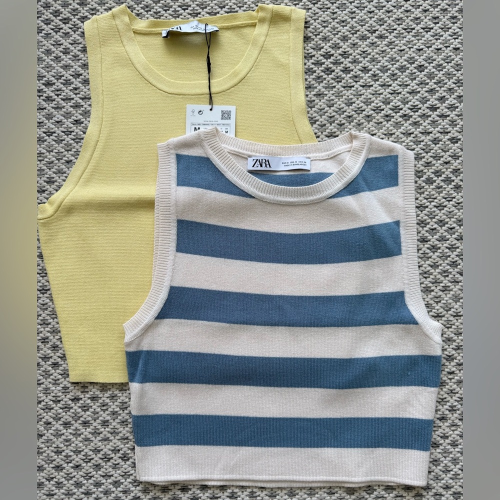 NWT/NWOT• Zara • Knit Crop Sleeveless Tank • Sz M • Yellow and Blue Stripe